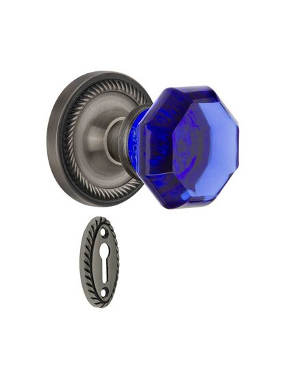 Rope Rosette Mortise Lock Set with Colored Waldorf Crystal Glass Knobs Cobalt Blue in Antique Pewter.